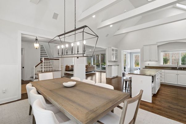Dining room, Interior, Kitchen, Pendant Lights, Recessed Lighting, Wood Texture Flooring