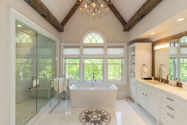 Bathroom, Dual Sink Vanities, Free Standing Baths, Glass Shower, Interior, Recessed Lighting, Wooden Beams