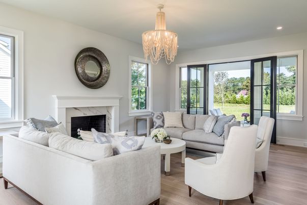 Chandelier, Fireplace, Interior, Living room, Recessed Lighting, Wood Texture Flooring