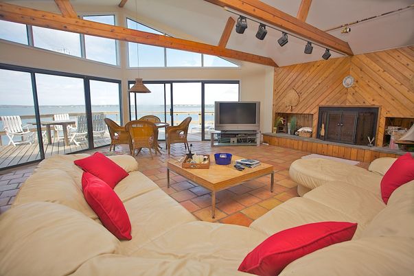 Dining room, Fireplace, Interior, Living room, Water, Wooden Beams, Wooden Walls