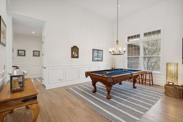 Billiard Table, Chandelier, Game Room, Interior, Pendant Lights, Recessed Lighting, Wood Texture Flooring