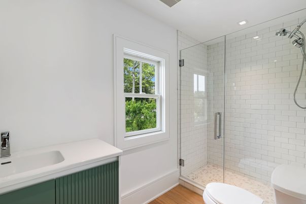 Bathroom, Glass Shower, Interior, Recessed Lighting, Wood Texture Flooring