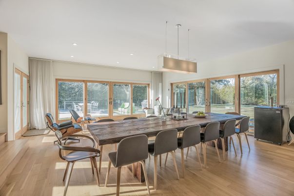 Dining room, Interior, Pendant Lights, Recessed Lighting, Wood Texture Flooring