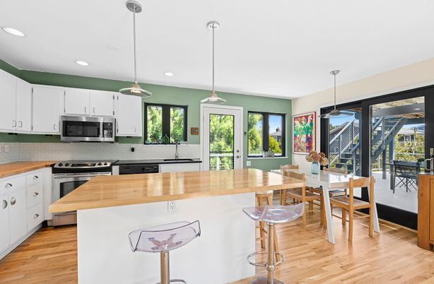 Dining room, Interior, Kitchen, Pendant Lights, Recessed Lighting, Wood Texture Flooring