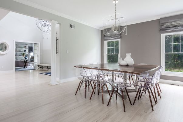Dining room, Interior, Pendant Lights, Wood Texture Flooring