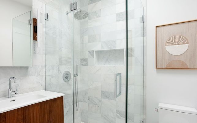 Bathroom, Glass Shower, Interior, Marble Walls