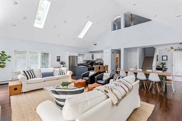 Dining room, Interior, Kitchen, Living room, Recessed Lighting, Stainless Steel Appliances, Wood Texture Flooring