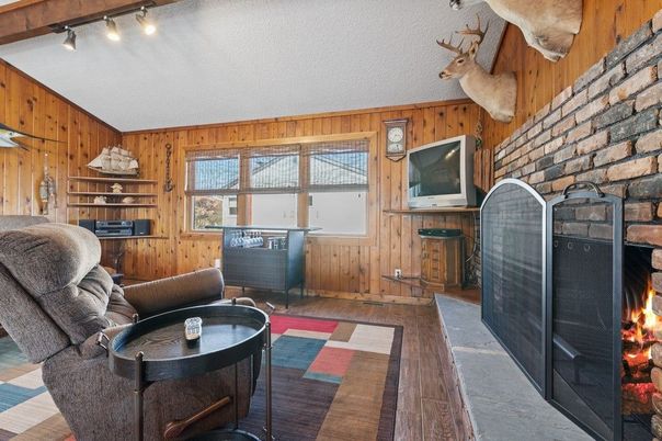 Fireplace, Interior, Living room, Stone Walls, Wood Texture Flooring, Wooden Walls