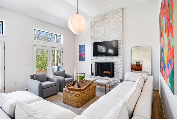 Fireplace, Interior, Living room, Pendant Lights, Recessed Lighting, Stone Walls