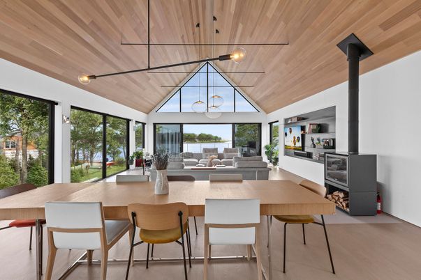 Dining room, Fireplace, Interior, Living room, Pendant Lights, Wooden Ceilings, Wood Texture Flooring