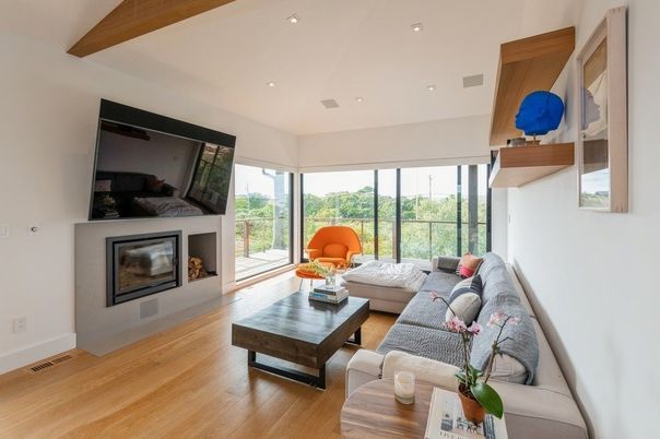 Fireplace, Interior, Living room, Recessed Lighting, Wood Texture Flooring