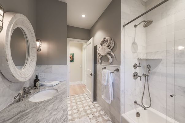 Bathroom, Dual Sink Vanities, Glass Shower, Interior, Recessed Lighting, Wood Texture Flooring