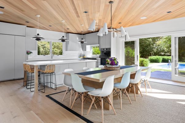 Dining room, Interior, Kitchen, Pendant Lights, Recessed Lighting, Wooden Ceilings, Wood Texture Flooring