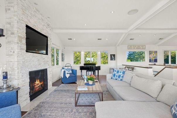 Fireplace, Interior, Living room, Piano, Recessed Lighting, Stone Walls