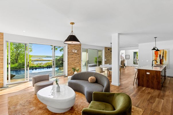 Dining room, Interior, Kitchen, Living room, Pendant Lights, Recessed Lighting, Water, Wood Texture Flooring