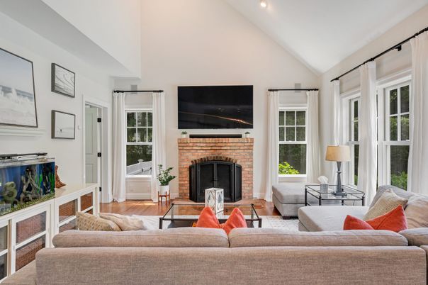 Fireplace, Interior, Living room, Recessed Lighting, Wood Texture Flooring