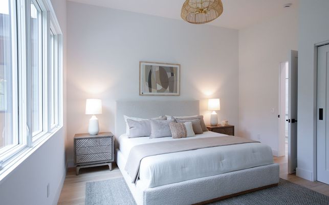 Bedroom, Interior, Pendant Lights, Wood Texture Flooring
