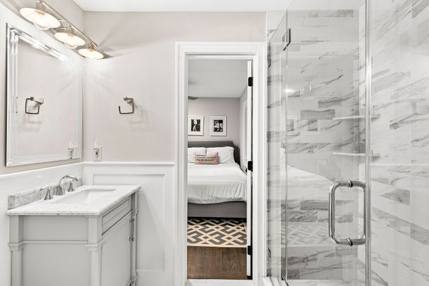 Bathroom, Bedroom, Glass Shower, Interior, Marble Walls, Wood Texture Flooring