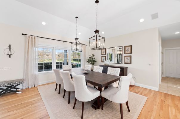 Dining room, Interior, Pendant Lights, Recessed Lighting, Wood Texture Flooring