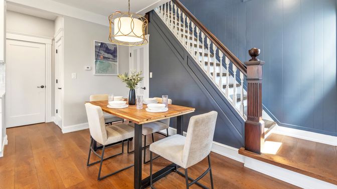 Dining room, Interior, Pendant Lights, Wood Texture Flooring