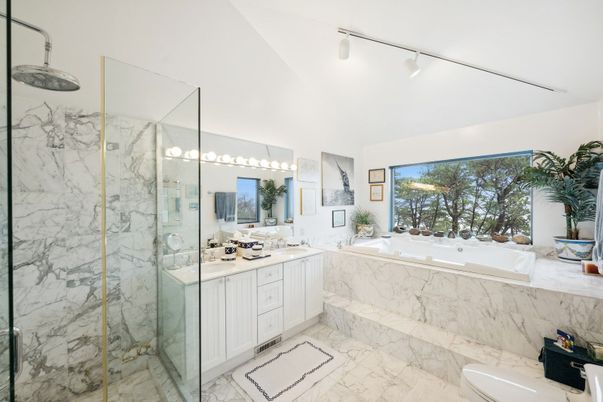 Bathroom, Dual Sink Vanities, Glass Shower, Interior, Marble, Marble Walls