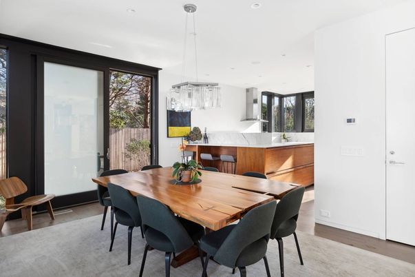 Dining room, Interior, Pendant Lights, Recessed Lighting, Wood Texture Flooring