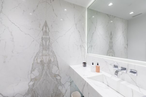 Bathroom, Interior, Marble, Marble Walls, Recessed Lighting