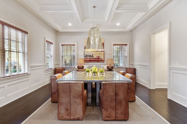 Dining room, Interior, Pendant Lights, Recessed Lighting, Wood Texture Flooring