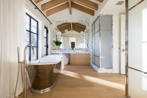 Bathroom, Free Standing Baths, Interior, Wooden Beams, Wood Texture Flooring