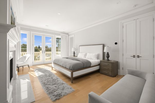 Bedroom, Fireplace, Interior, Recessed Lighting, Wood Texture Flooring