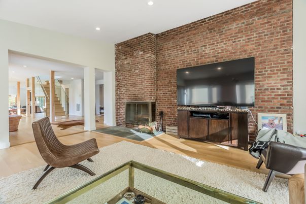 Fireplace, Interior, Recessed Lighting, Stone Walls, Wood Texture Flooring