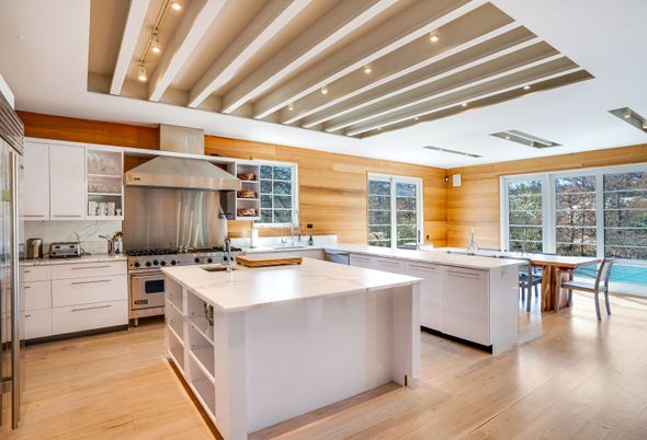 Interior, Kitchen, Recessed Lighting, Stainless Steel Appliances, Wood Texture Flooring, Wooden Walls