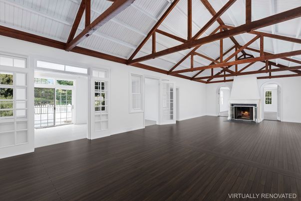 Empty room, Fireplace, Interior, Wooden Beams, Wood Texture Flooring