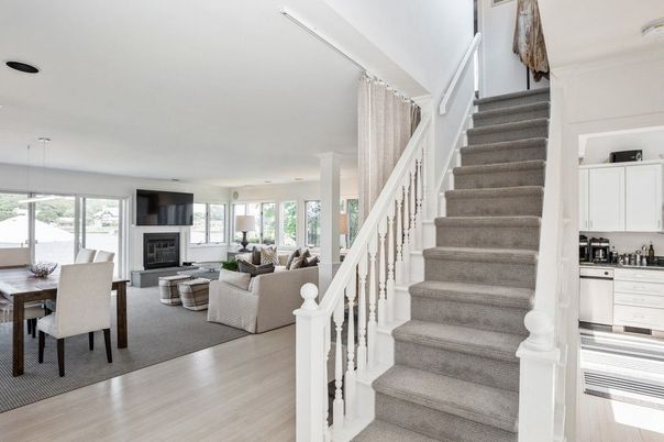 Dining room, Fireplace, Interior, Living room, Pendant Lights, Recessed Lighting, Wood Texture Flooring