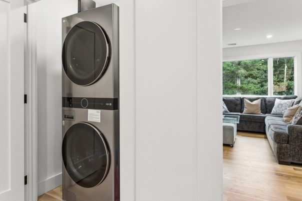 Interior, Living room, Recessed Lighting, Utility Closets, Washer, Wood Texture Flooring