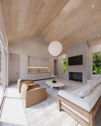 Fireplace, Interior, Living room, Recessed Lighting, Stone Walls, Wooden Ceilings