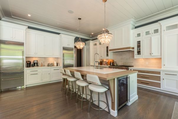 Chandelier, Interior, Kitchen, Pendant Lights, Recessed Lighting, Stainless Steel Appliances, Wood Texture Flooring