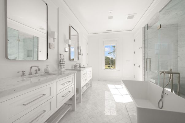 Bathroom, Dual Sink Vanities, Free Standing Baths, Glass Shower, Interior, Marble