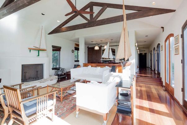Fireplace, Interior, Living room, Pendant Lights, Recessed Lighting, Wooden Beams, Wood Texture Flooring