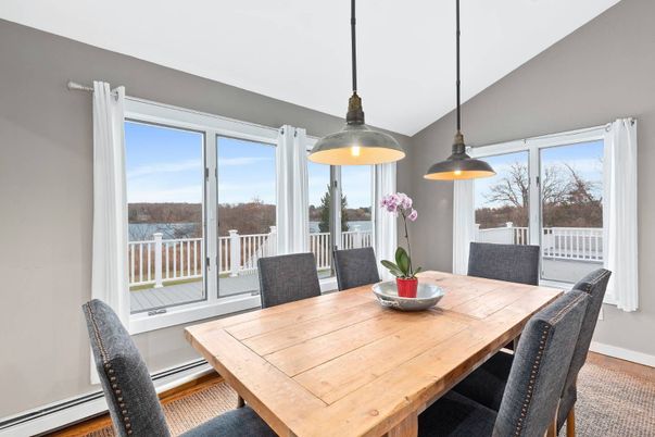Dining room, Interior, Pendant Lights, Water, Wood Texture Flooring