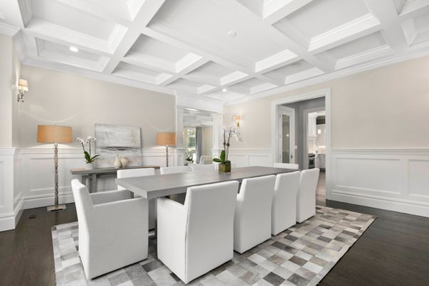 Dining room, Interior, Recessed Lighting, Wood Texture Flooring