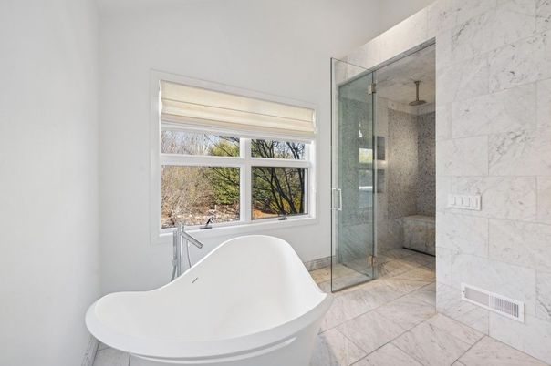 Bathroom, Free Standing Baths, Glass Shower, Interior, Marble, Marble Walls