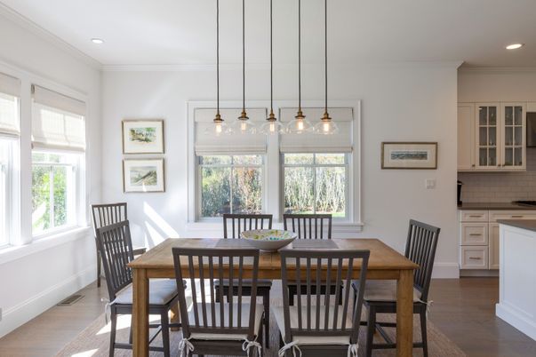 Dining room, Interior, Pendant Lights, Recessed Lighting, Wood Texture Flooring