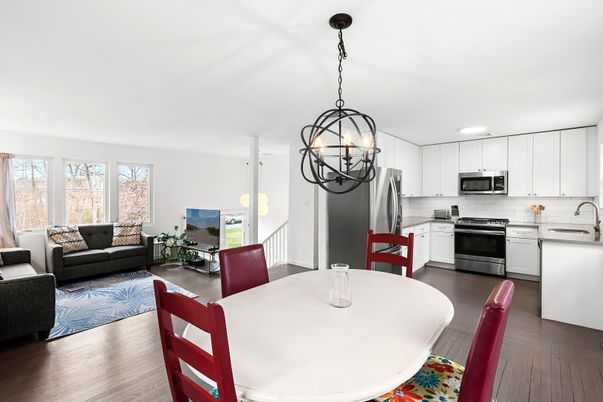 Dining room, Interior, Kitchen, Living room, Pendant Lights, Stainless Steel Appliances, Wood Texture Flooring