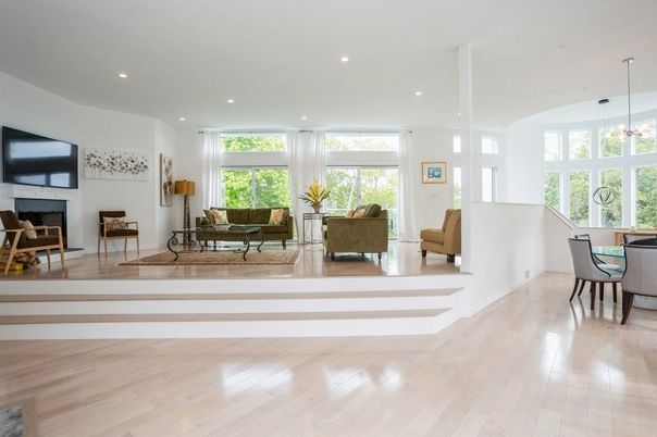 Fireplace, Interior, Living room, Pendant Lights, Recessed Lighting, Wood Texture Flooring
