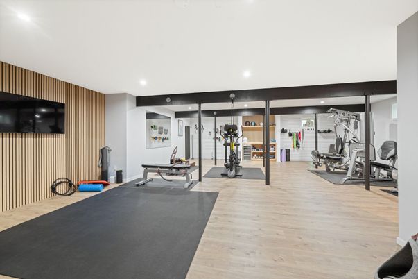 Fitness Equipment, Gym, Interior, Recessed Lighting, Wood Texture Flooring