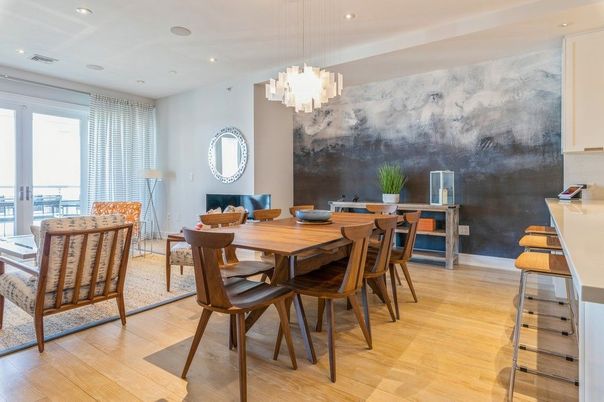 Chandelier, Dining room, Interior, Pendant Lights, Recessed Lighting, Wood Texture Flooring
