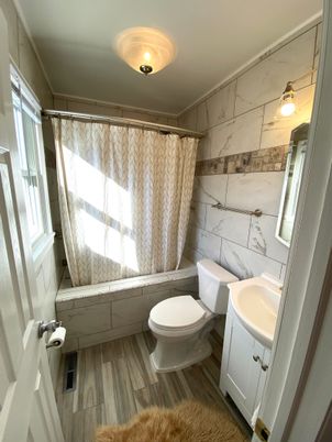 Bathroom, Interior, Marble Walls, Wood Texture Flooring