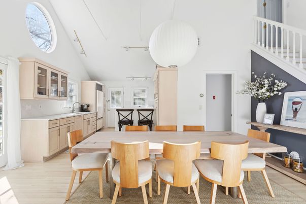 Dining room, Interior, Kitchen, Pendant Lights, Wood Texture Flooring
