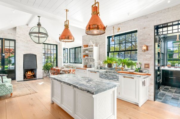 Dining room, Fireplace, Interior, Kitchen, Pendant Lights, Recessed Lighting, Stone Walls, Wood Texture Flooring